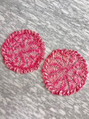 Vintage Handmade Pink Crochet Doilies - Set of 2